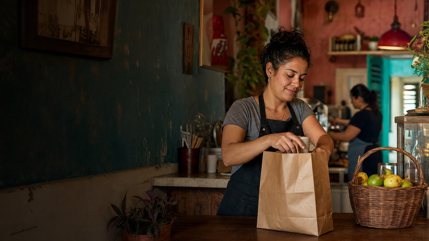 Dueña de una cafetería preparando un pedido para llevar