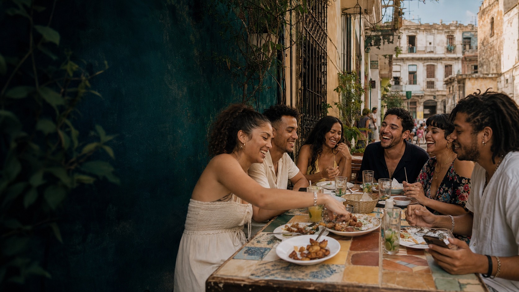 Amigos riendo y compartiendo comida en un restaurante de La Habana
