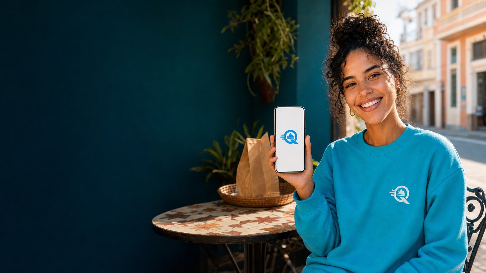 Clienta sonriendo con QvaOrdena en su teléfono